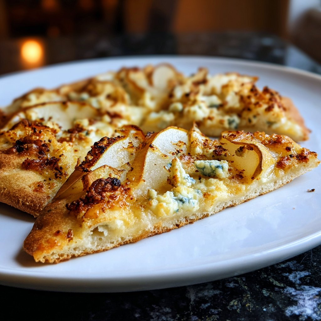 Flammkuchen mit Birne und Blauschimmelkäse